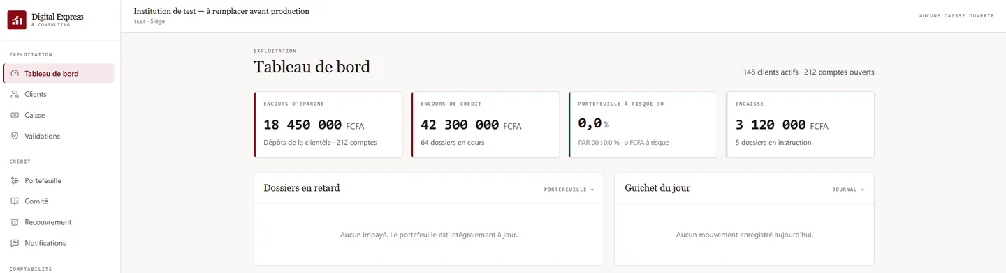 Digital Express Finance : tableau de bord d'une institution de test (chiffres de démonstration)