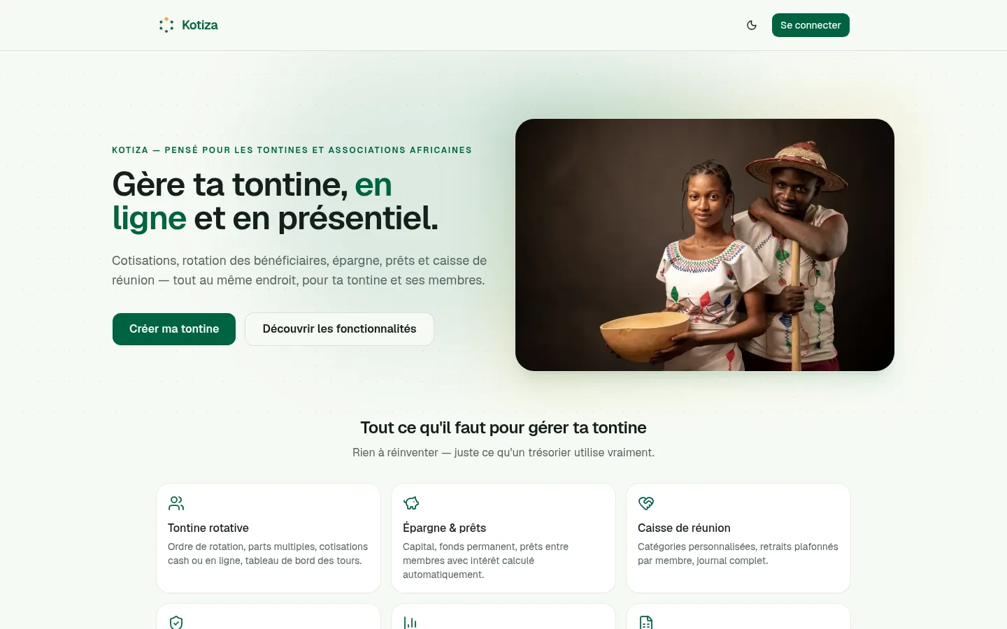 Page d'accueil de Kotiza : gérer sa tontine en ligne et en présentiel