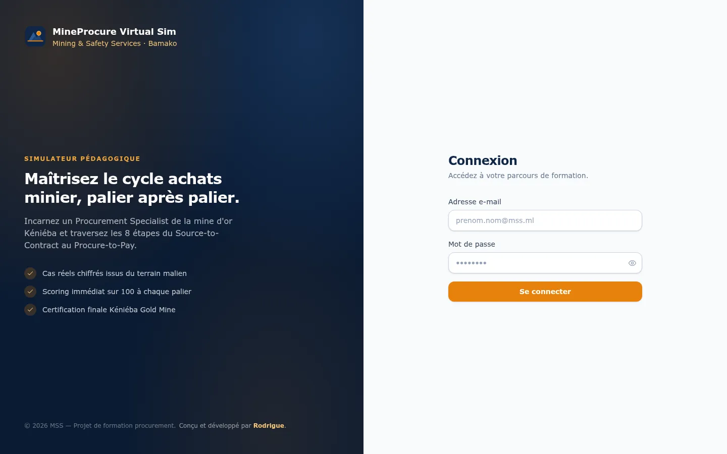 Écran de connexion de MineProcure Virtual Sim, simulateur de procurement minier