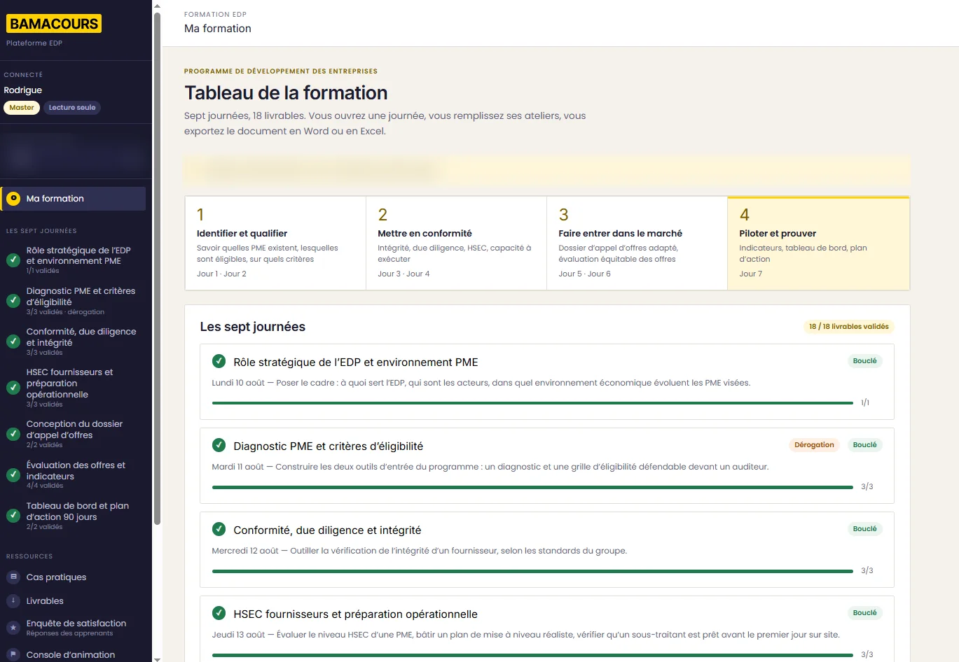 Plateforme EDP Bamacours : tableau de la formation et progression des sept journées
